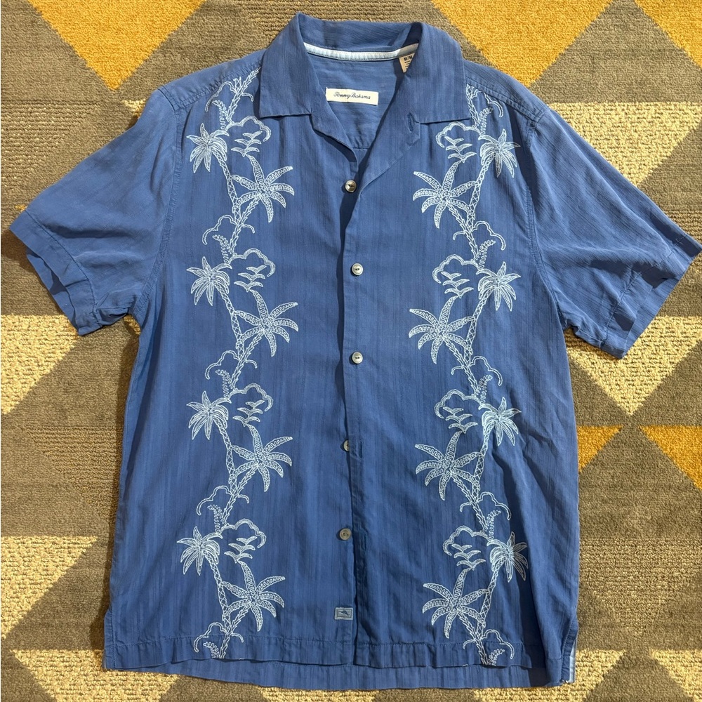 Tommy Bahama 100% Silk Wandering Palms Embroidered Camp Shirt Blue Casual